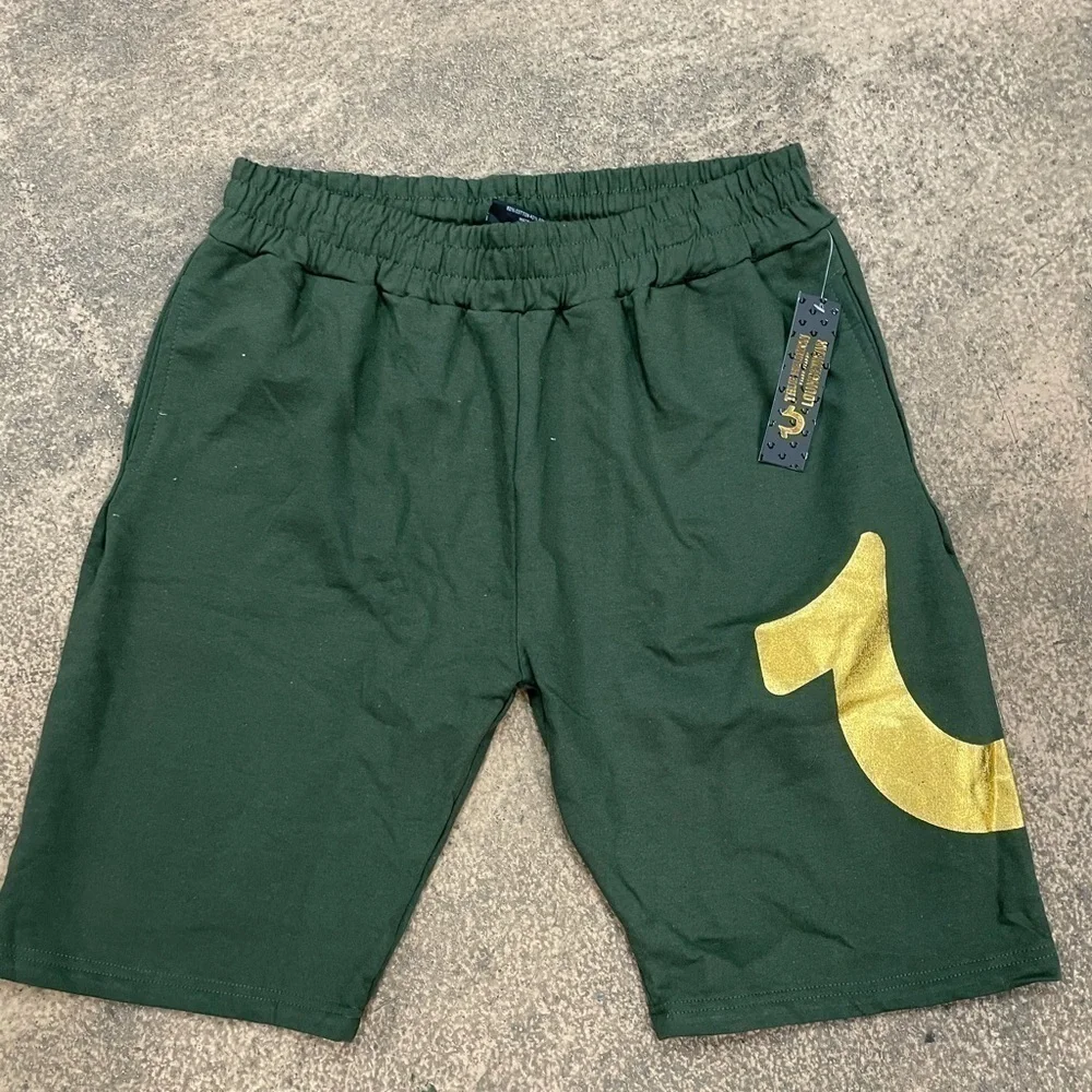 New True Religions Olive Green gold sweat shorts